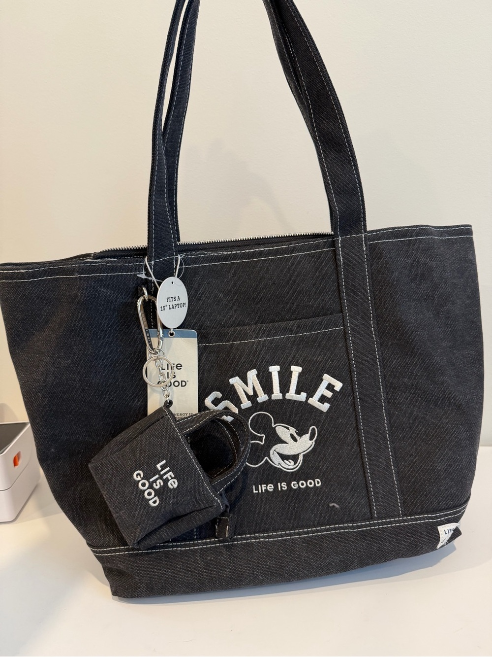 Life Is Good Black Canvas Tote with White Smile Graphic